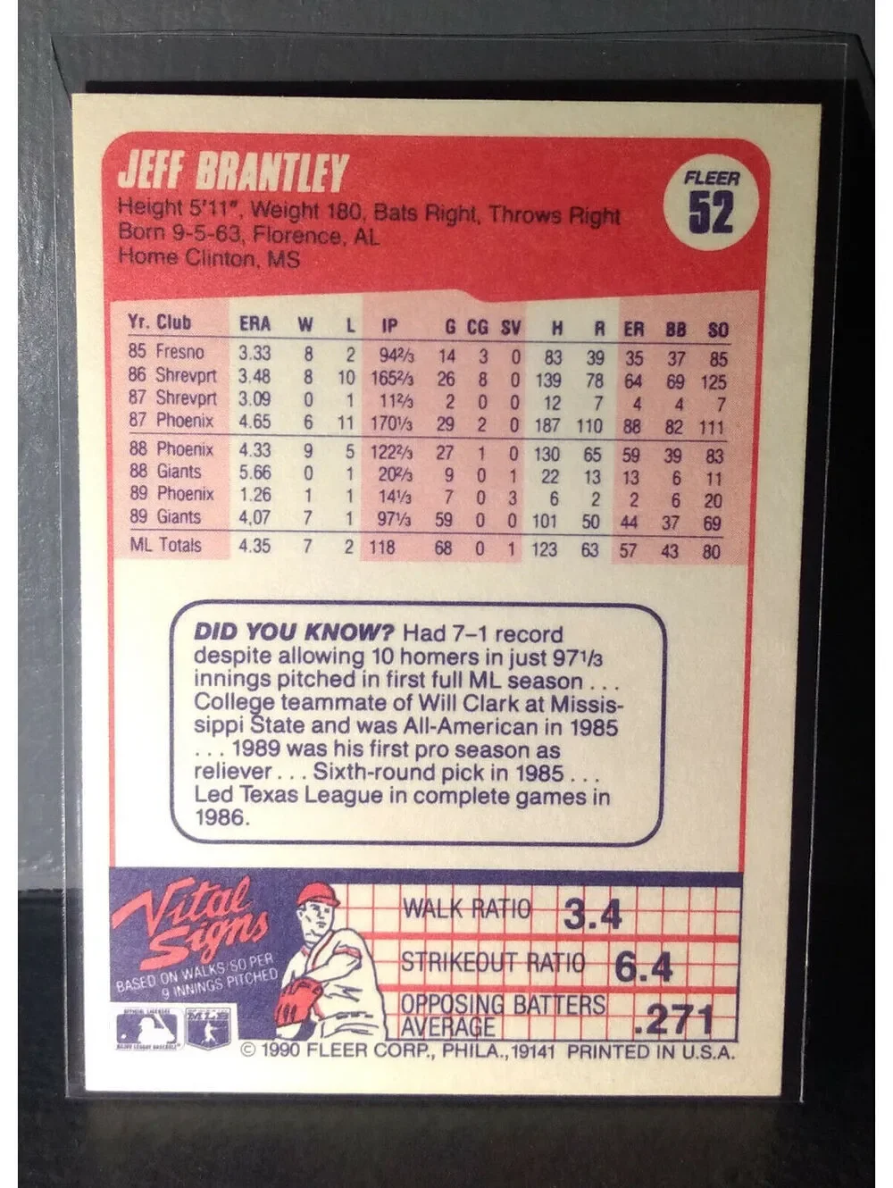 1990 Jeff Brantley Fleer Baseball Card #52